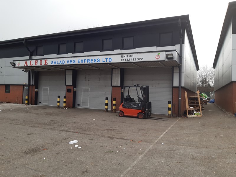 Forklift truck in front of Alfie Salad Ltd building 