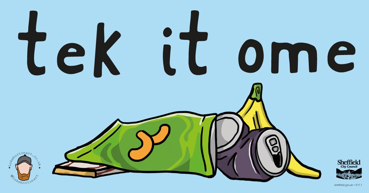 Litter on the ground, slogan ‘tek it ome’, SCC logo and artist Luke Horton logo.