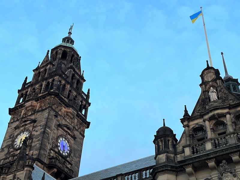 Sheffield Town Hall flies a Ukrainian flag and lights up the clock face in yellow and blue in solidarity with Ukraine