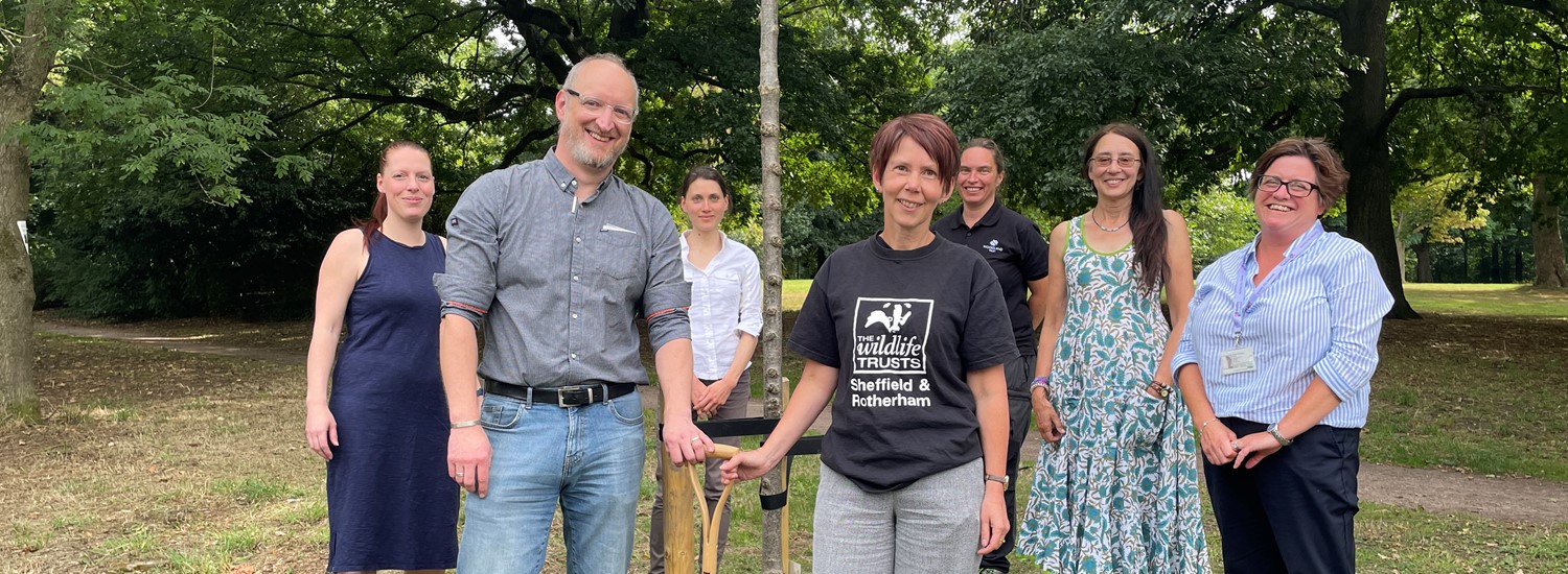 A group of 7 people stood on grass around a tree