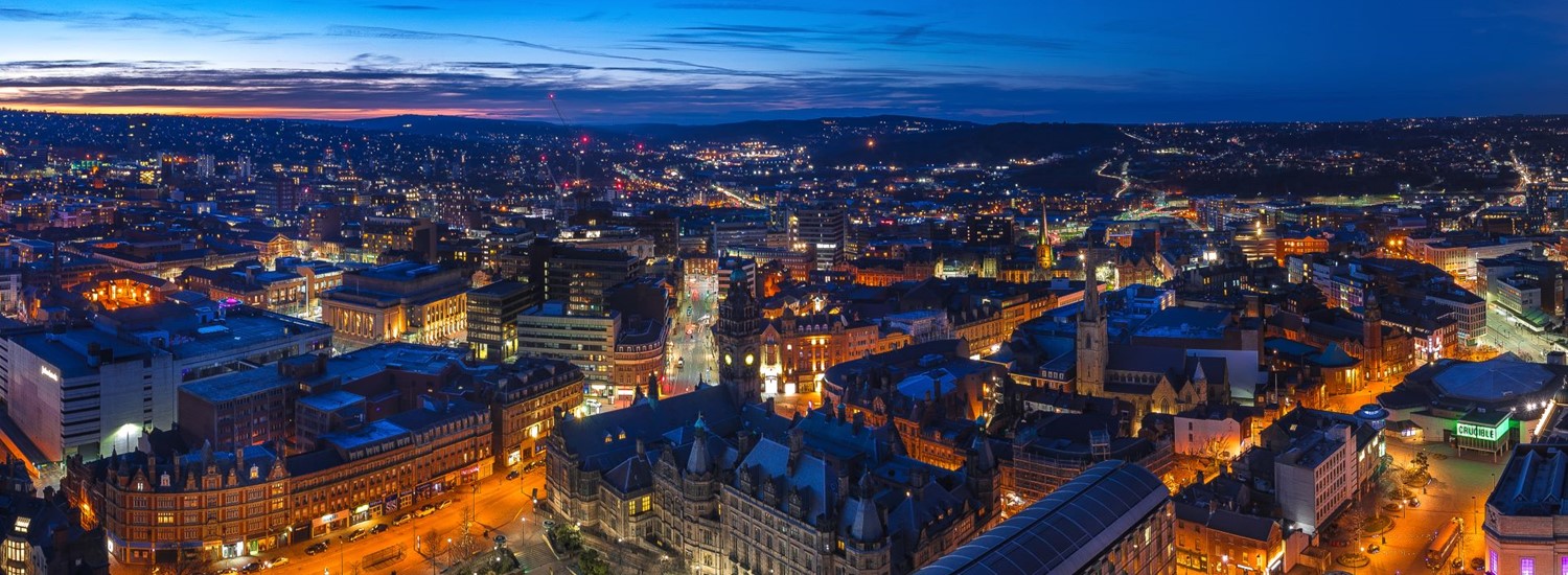 Aerial view of Sheffield city centre in the evening
