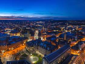 Aerial view of Sheffield city centre in the evening