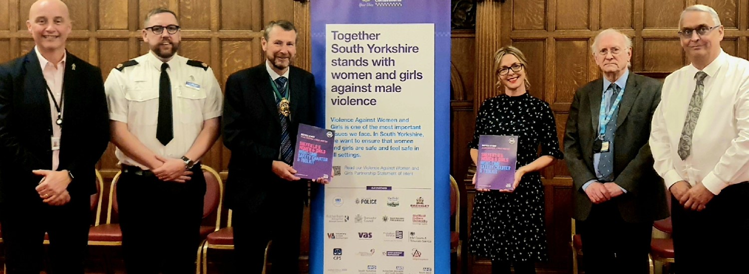 Richard Eyre, South Yorkshire Police, Deputy Lord Mayor, Louise Harrison Walker, Dr. Alan Billings and Steve Lonnia stood holding the charter document