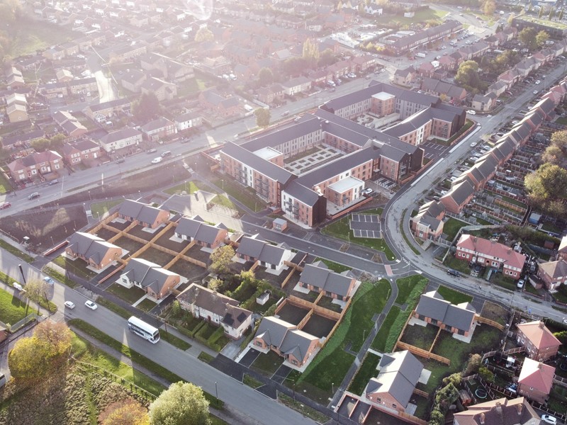 Drone view of Buchanan Green new OPIL scheme in the sunshine