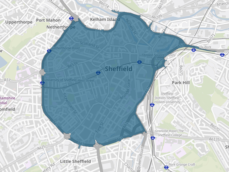 A map image highlighting the area inside the Clean Air Zone will apply in Sheffield. The area which charges is shaded in blue and goes around the Sheffield ring road around the city centre.