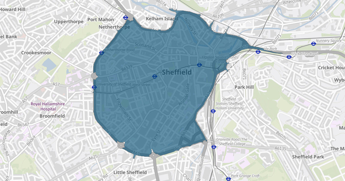 A map image highlighting the area inside the Clean Air Zone will apply in Sheffield. The area which charges is shaded in blue and goes around the Sheffield ring road around the city centre.