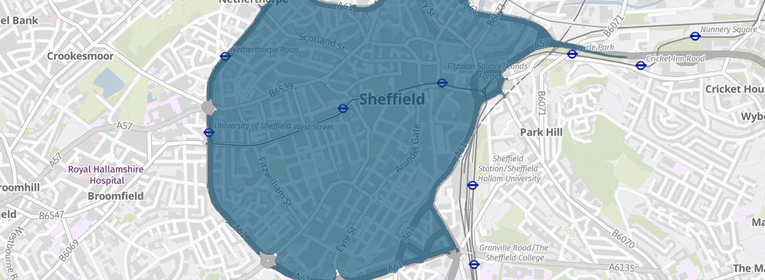 A screenshot of a map of Sheffield City Centre showing the Clean Air Zone boundary