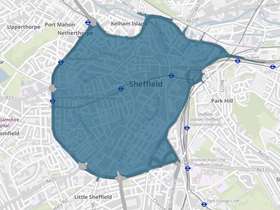 A screenshot of a map of Sheffield City Centre showing the Clean Air Zone boundary