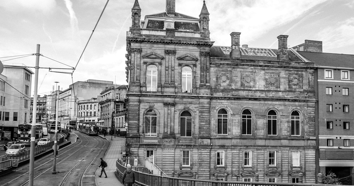 A black and white image of Canada House in Castle site, Sheffield