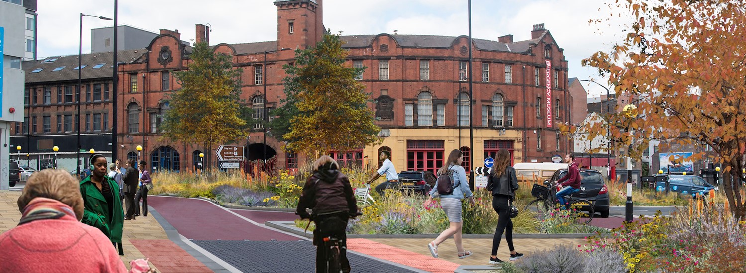 Artist impression of West Bar, showing a cycle lane and pedestrians, walking across a building with trees