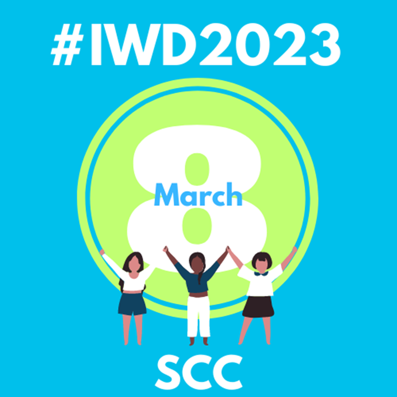 Log : 8th of March in a circle with icons of three women standing with their arms in the air : Sheffield City Council International Women's day 2023