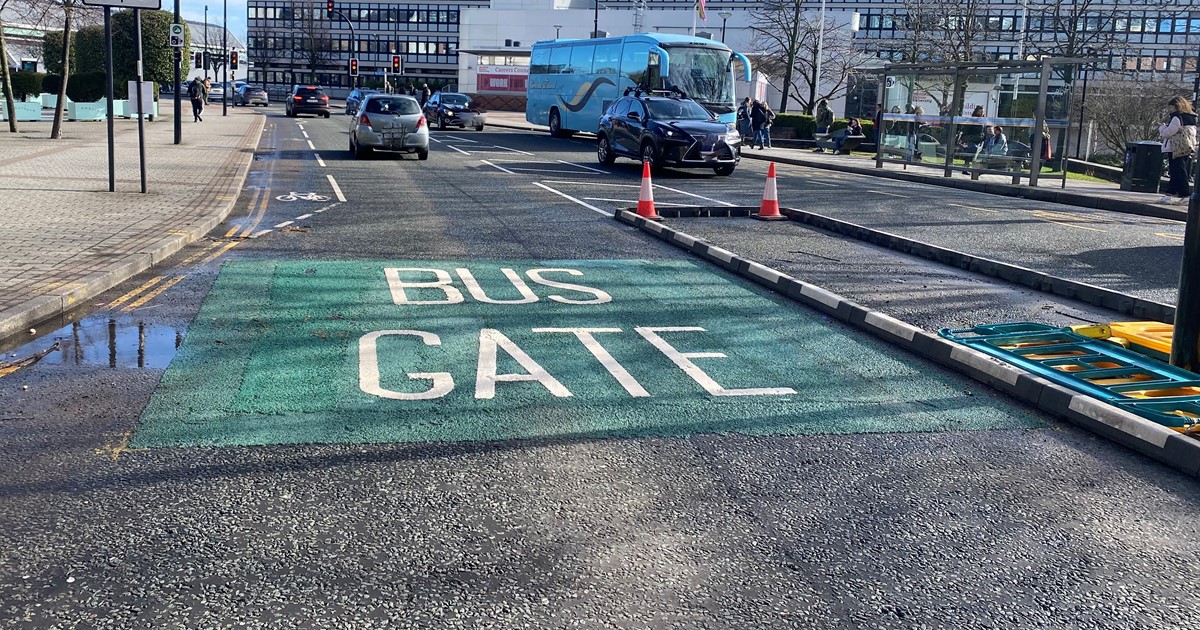 A green bus gate road marking