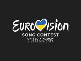 Eurovision song contest, with the v having a Ukrainian flag in the middle