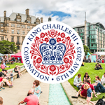 Sheffield one of ten iconic locations for the King's Coronation Concert Peace Garden, Sheffield with people sat on the grass and the 'King Charles III Coronation' emblem over the top, infront of the Town Hall