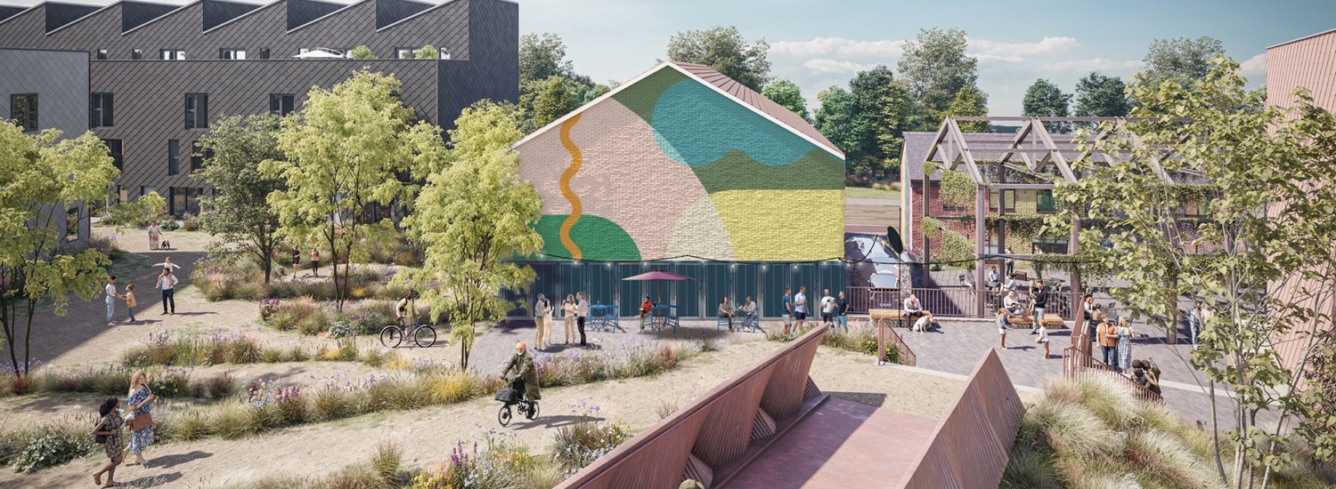 CGI image of Attercliffe Waterside, with blue sky, path, and people