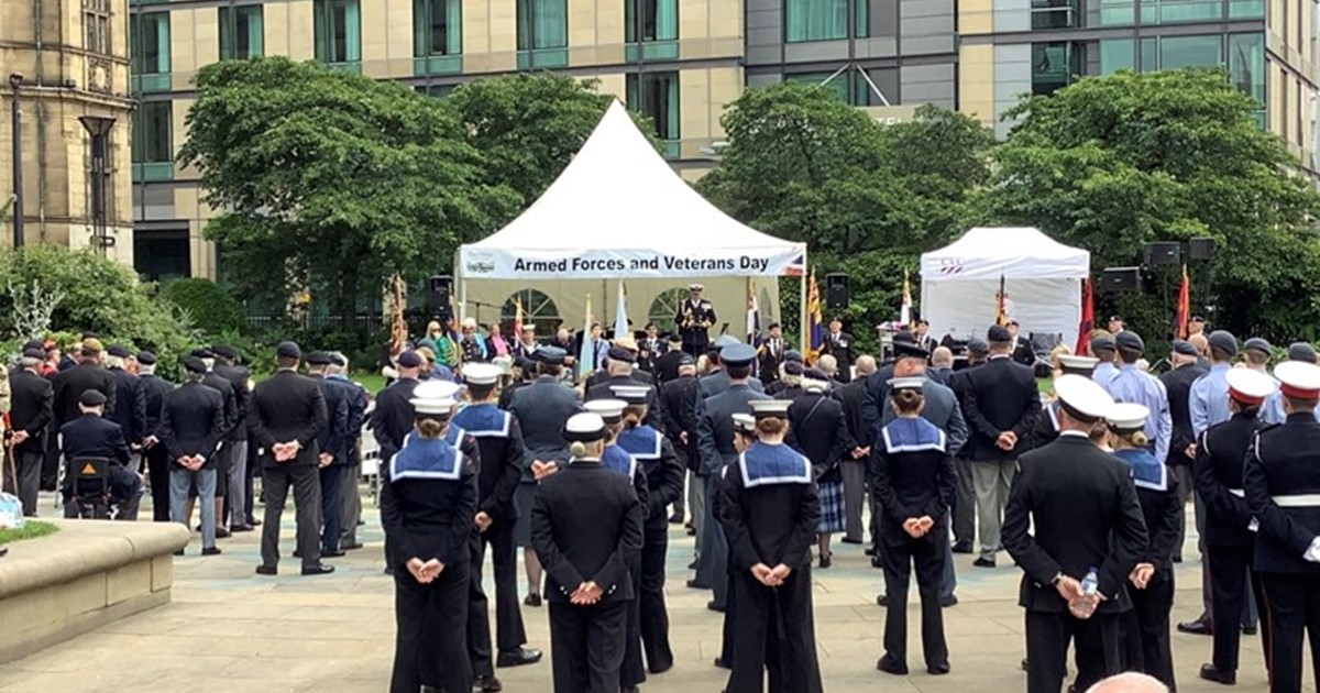 Members of the armed forces lining up to parade in the Peace Gardens, Sheffield