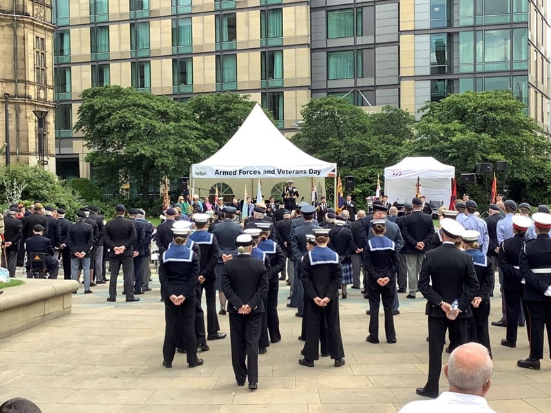 Members of the armed forces lining up to parade in the Peace Gardens, Sheffield