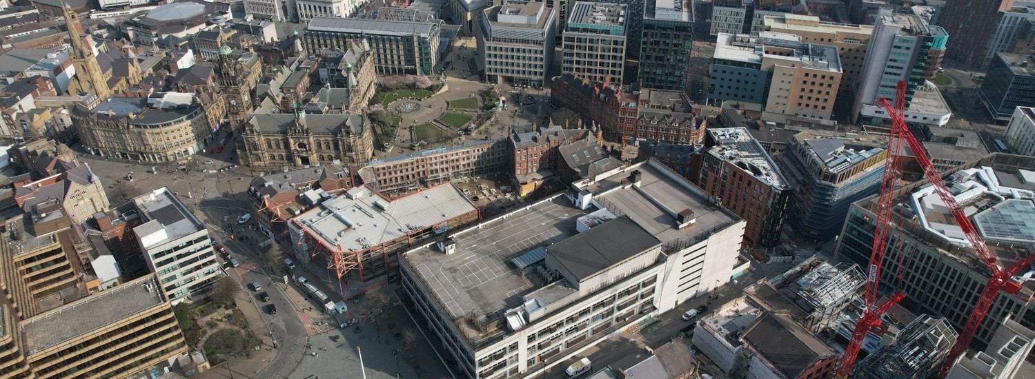 An aerial view of Sheffield city centre on a sunny day