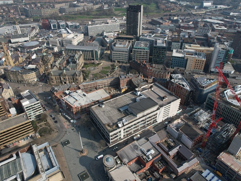 An aerial view of Sheffield city centre on a sunny day