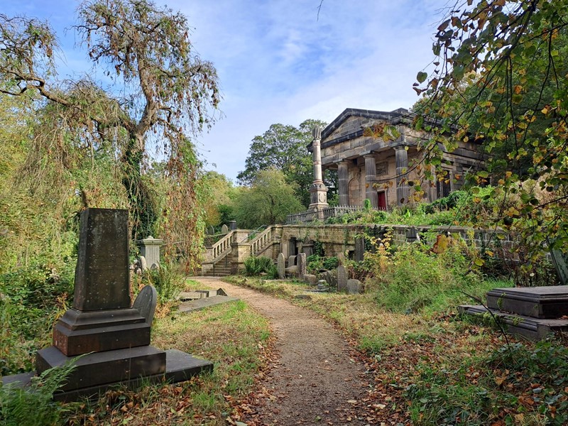 Samuel Worth Chapel and headstones either side of path leading up to the chapel, Sheffield General Cemetery 