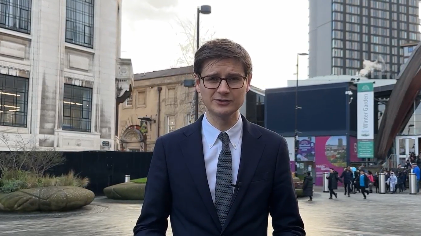 Cllr Tom Hunt, leader of Sheffield City Council, stands in Tudor Square with Central Library building in the background