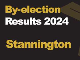A dark coloured rectangle box with a large orange cross on the right handside, the text reads "Election results 2024 Stannington"