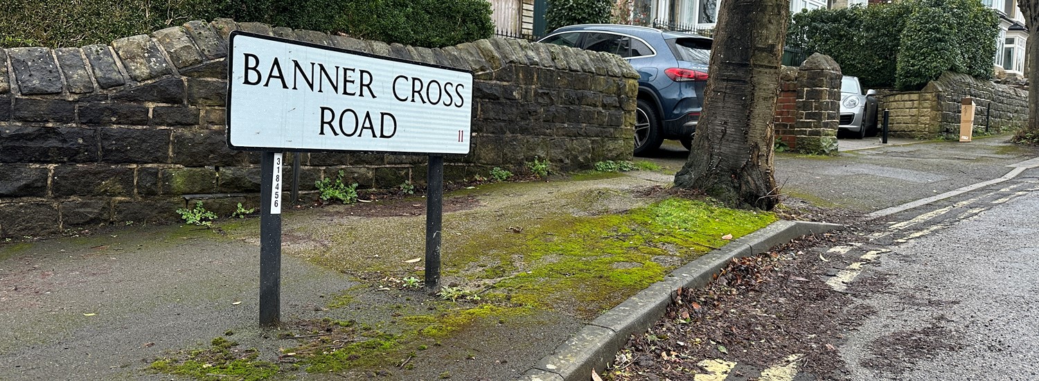 Banner Cross Road street sign stands beside a street tree and residential properties