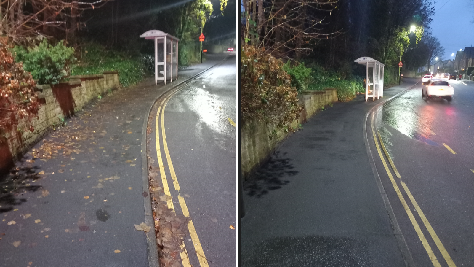 Two images of Psalter Road in Sheffield. One has leaves on the pavement the other image shows the path after the leaves have been cleared