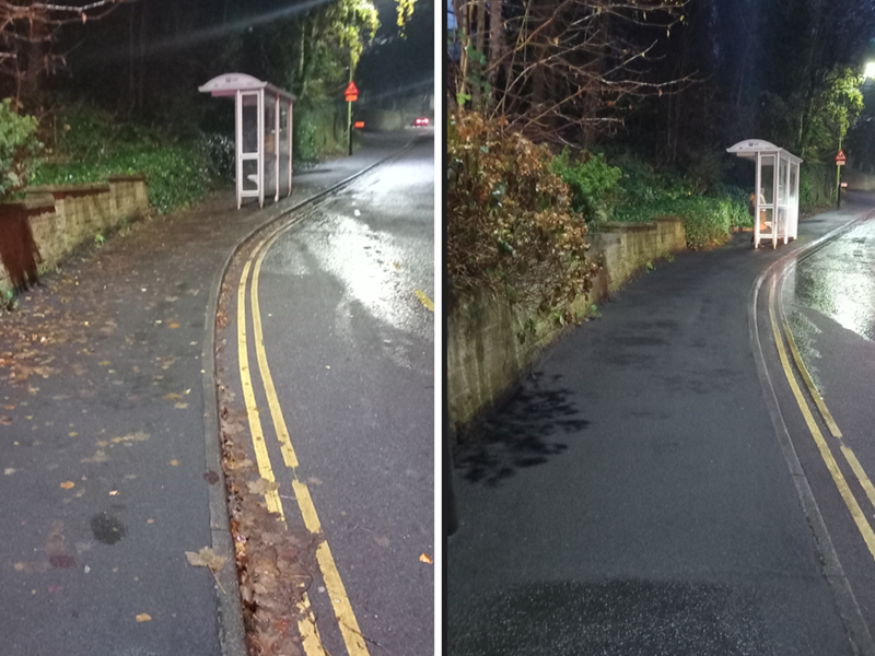 Two images of Psalter Road in Sheffield. One has leaves on the pavement the other image shows the path after the leaves have been cleared