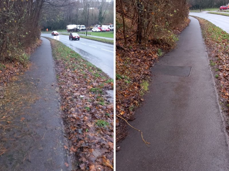 Two images of Beaver Hill. One shows the pavement covered in leaves while the second image shows the path after it has been cleared of the leaves