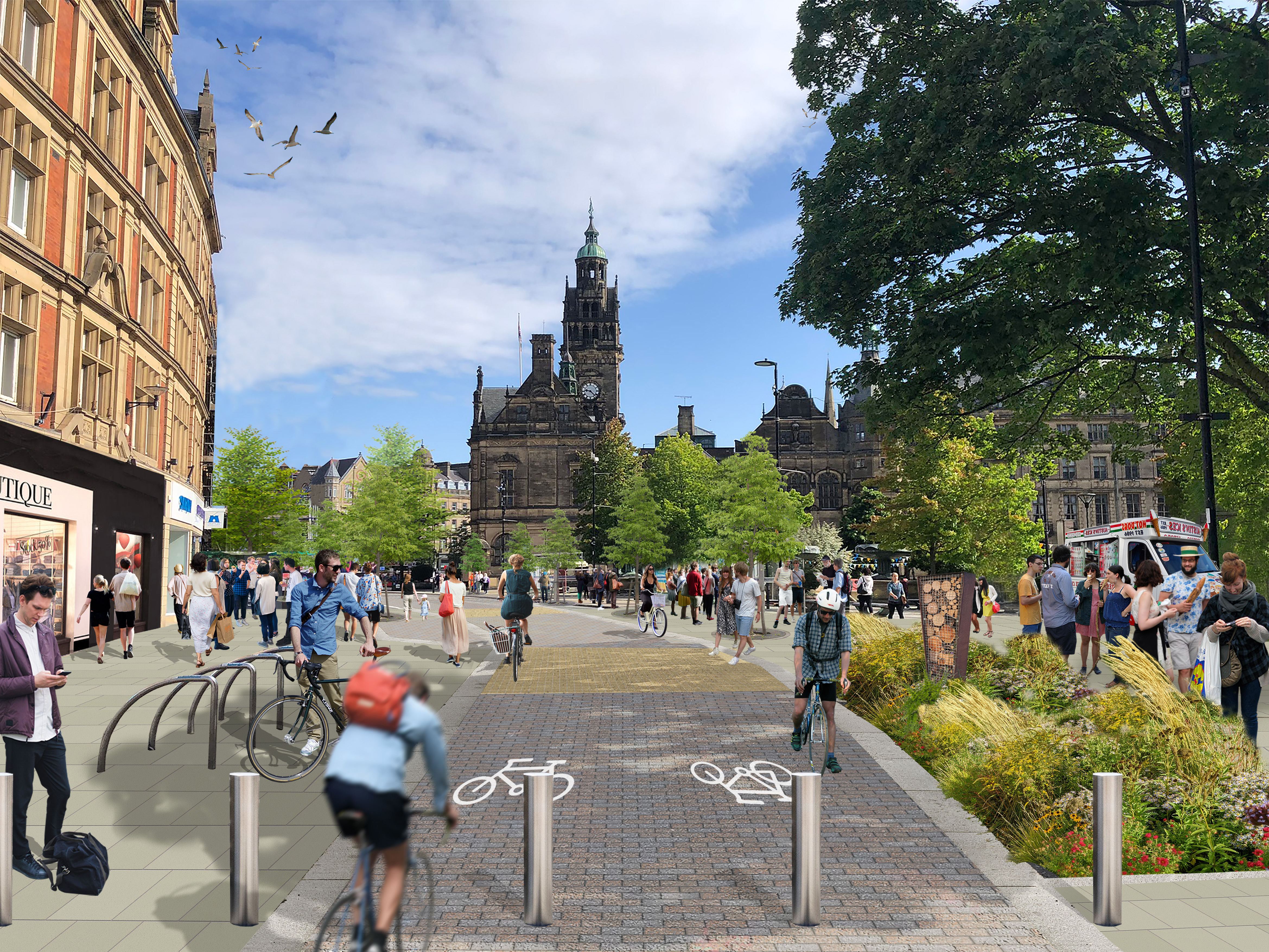 An artist impression of Pinstone Street in Sheffeild showing a row of bollards in the foreground and the road being used by cyclists and pedestrians, the road is flanked on both sides by buildings with Sheffield Town Hall in the background