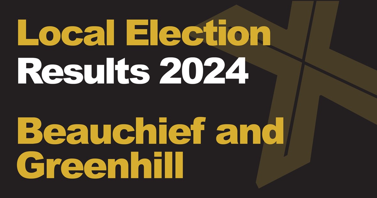 A black background with a light brown X, written across it is Local Election in green with results 2024 in white, underneath that is written Beauchief and Greenhill in green