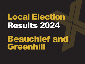 A black background with a light brown X, written across it is Local Election in green with results 2024 in white, underneath that is written Beauchief and Greenhill in green