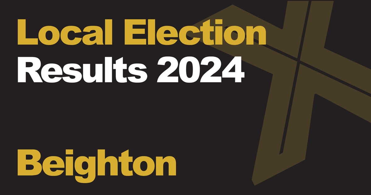 A black background with a light brown X, written across it is Local Election in green with results 2024 in white, underneath that is written Beighton in green