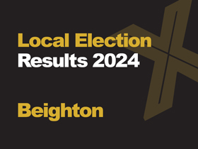 A black background with a light brown X, written across it is Local Election in green with results 2024 in white, underneath that is written Beighton in green