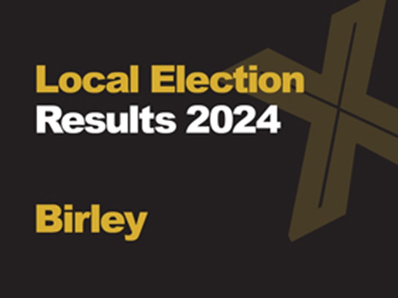 A black background with a light brown X, written across it is Local Election in green with results 2024 in white, underneath that is written Birley in green