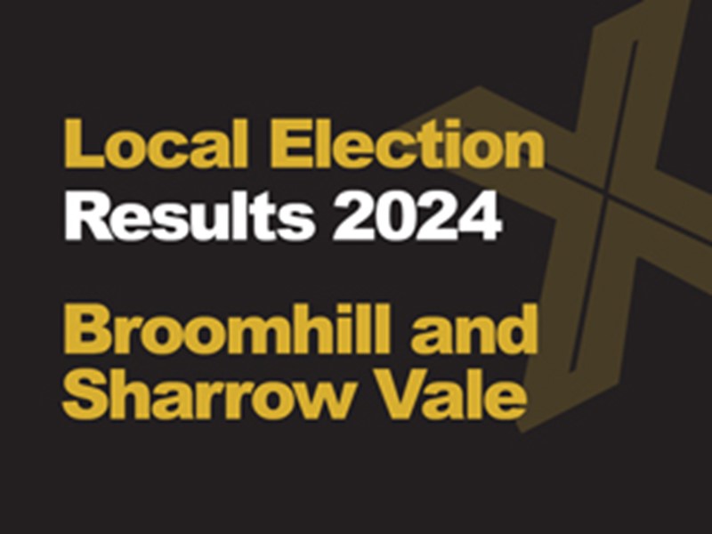 A black background with a light brown X, written across it is Local Election in green with results 2024 in white, underneath that is written Broomhill and Sharrow Vale in green