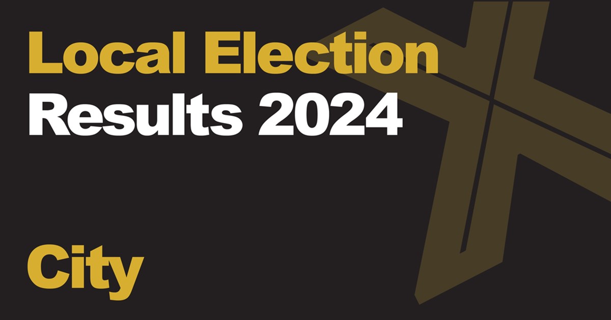 A black background with a light brown X, written across it is Local Election in green with results 2024 in white, underneath that is written City in green