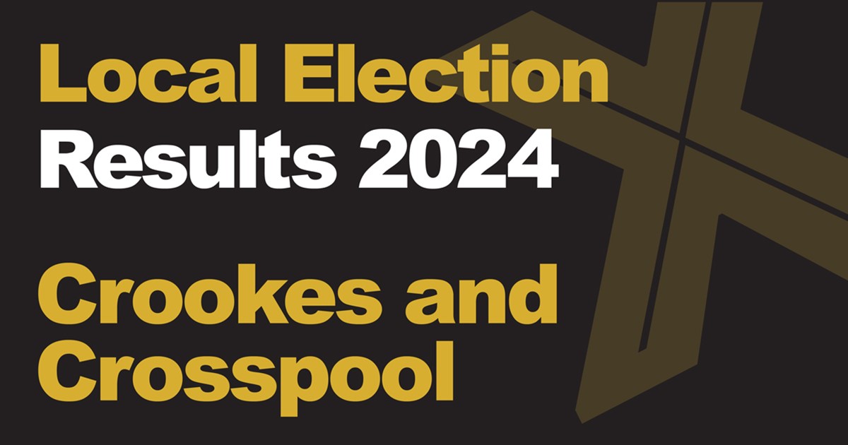 A black background with a light brown X, written across it is Local Election in green with results 2024 in white, underneath that is written Crookes and Crosspool in green