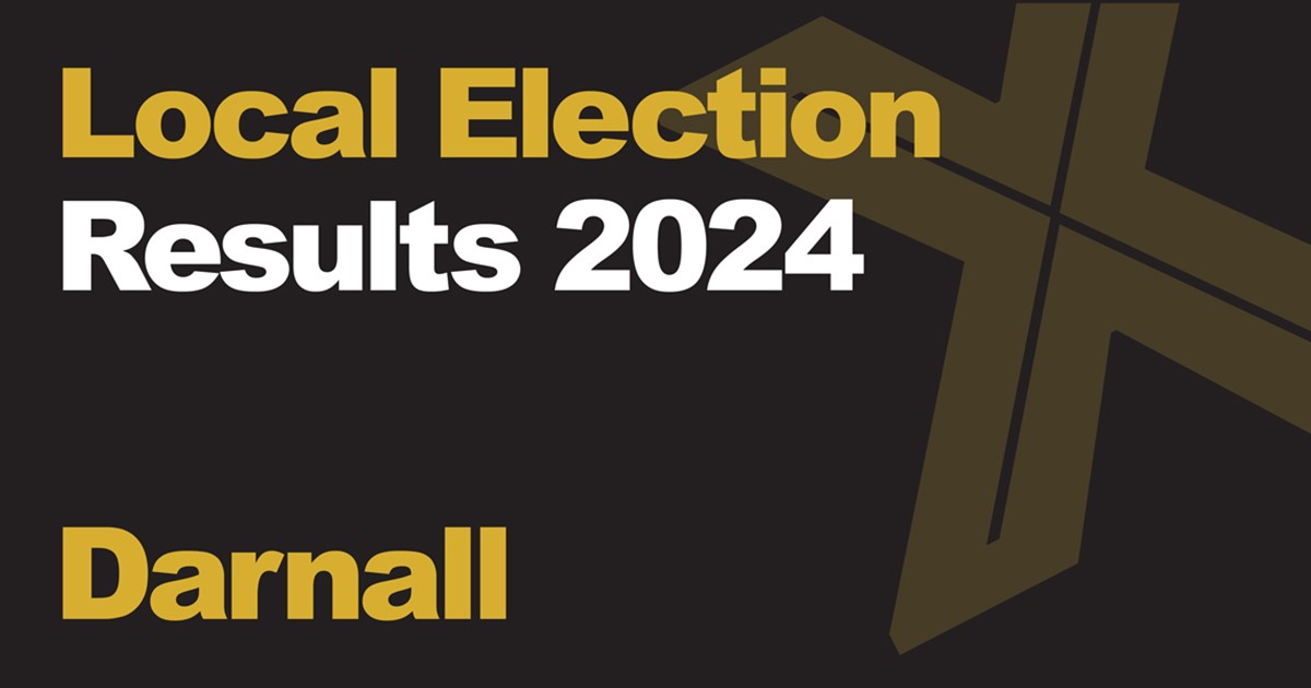 A black background with a light brown X, written across it is Local Election in green with results 2024 in white, underneath that is written Darnall in green