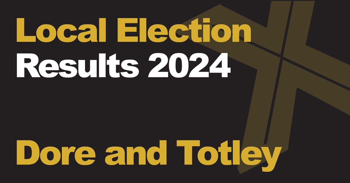 A black background with a light brown X, written across it is Local Election in green with results 2024 in white, underneath that is written Dore and Totley in green