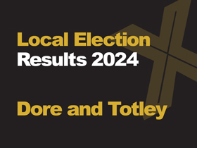 A black background with a light brown X, written across it is Local Election in green with results 2024 in white, underneath that is written Dore and Totley in green