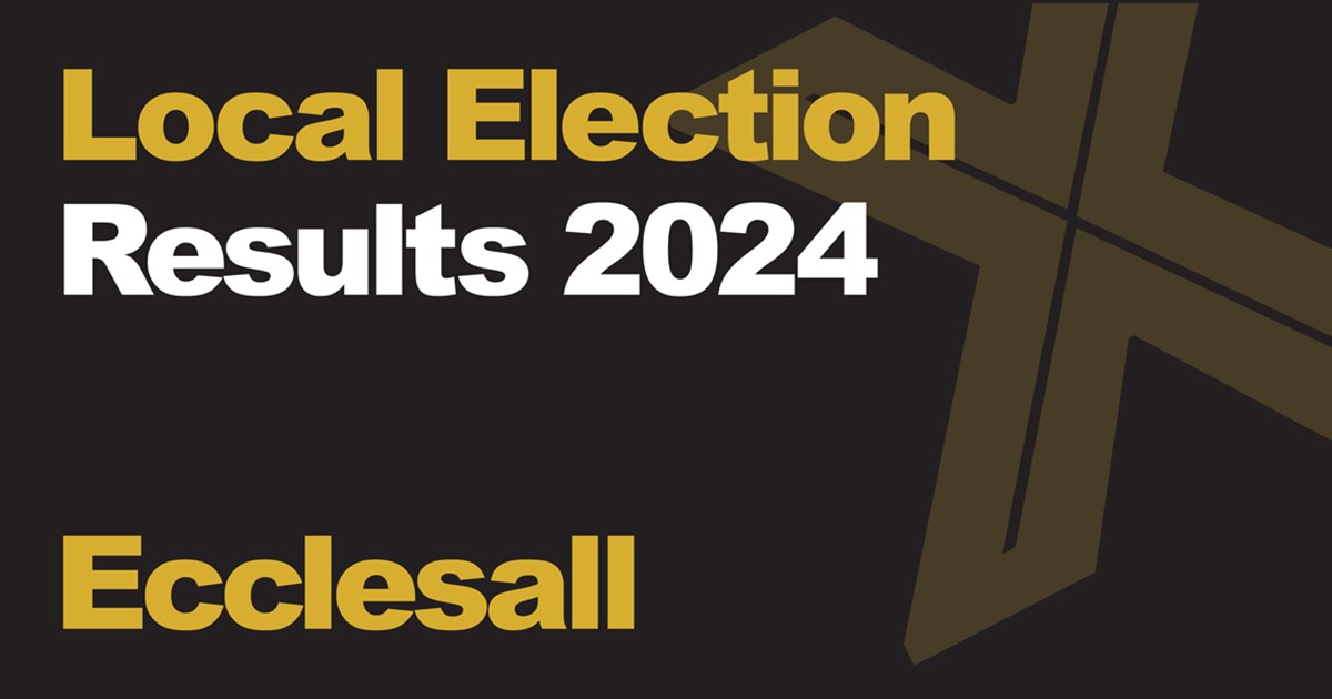 A black background with a light brown X, written across it is Local Election in green with results 2024 in white, underneath that is written Ecclesall in green