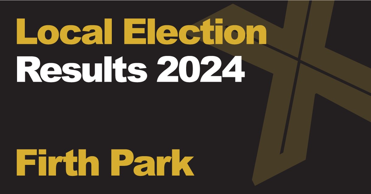 A black background with a light brown X, written across it is Local Election in green with results 2024 in white, underneath that is written Firth Park in green