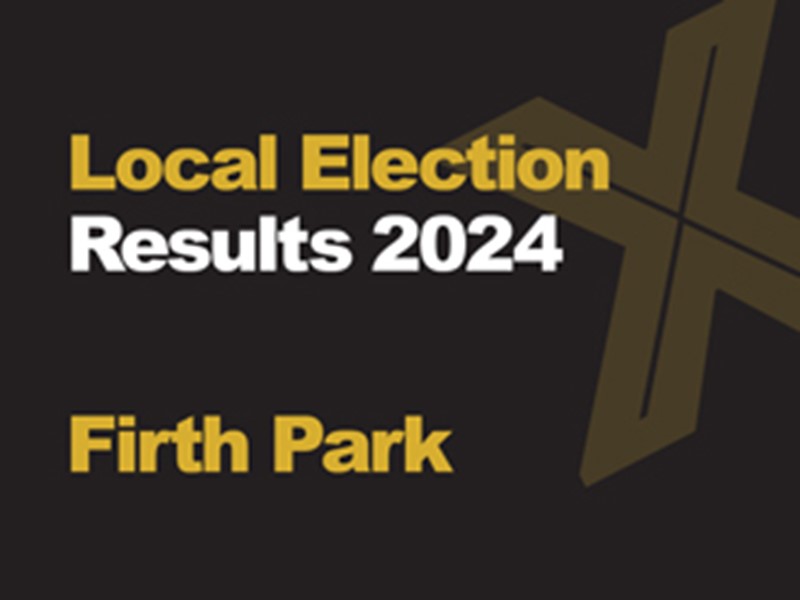 A black background with a light brown X, written across it is Local Election in green with results 2024 in white, underneath that is written Firth Park in green
