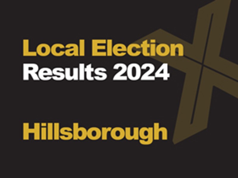 A black background with a light brown X, written across it is Local Election in green with results 2024 in white, underneath that is written Hillsborough in green