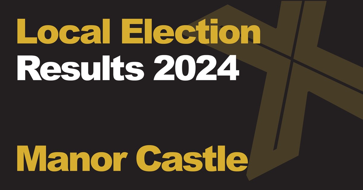 A black background with a light brown X, written across it is Local Election in green with results 2024 in white, underneath that is written Manor Castle in green