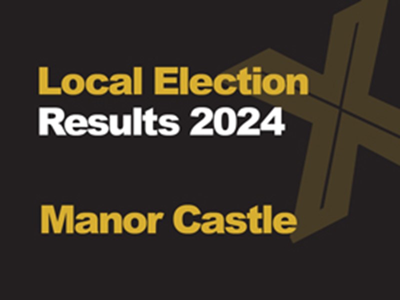 A black background with a light brown X, written across it is Local Election in green with results 2024 in white, underneath that is written Manor Castle in green