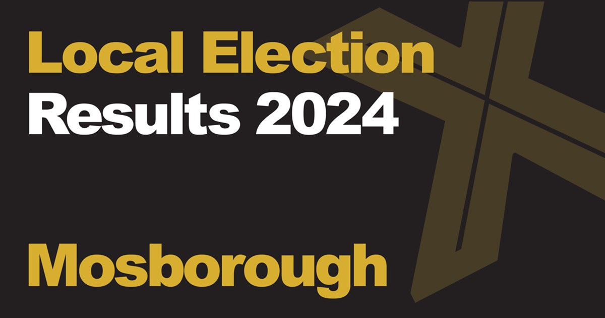 A black background with a light brown X, written across it is Local Election in green with results 2024 in white, underneath that is written Mosborough in green