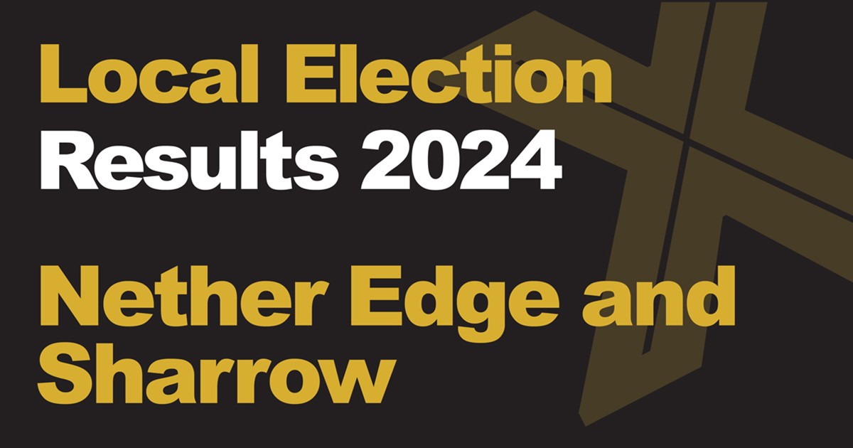 A black background with a light brown X, written across it is Local Election in green with results 2024 in white, underneath that is written Nether Edge and Sharrow in green